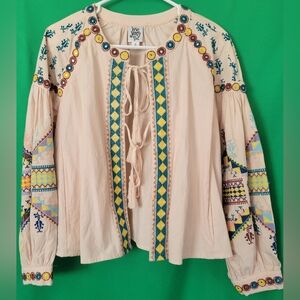Geometric Boho Ivy Jane Blouse Peasant Tassle Hippie Embroidered Tunic Women S